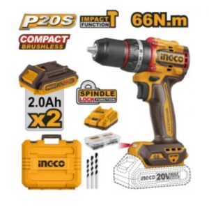 INGCO 20V Akkus ütvefúró-csavarozó 66Nm (BRUSHLESS) készlet 2db 2Ah akkuval, töltővel